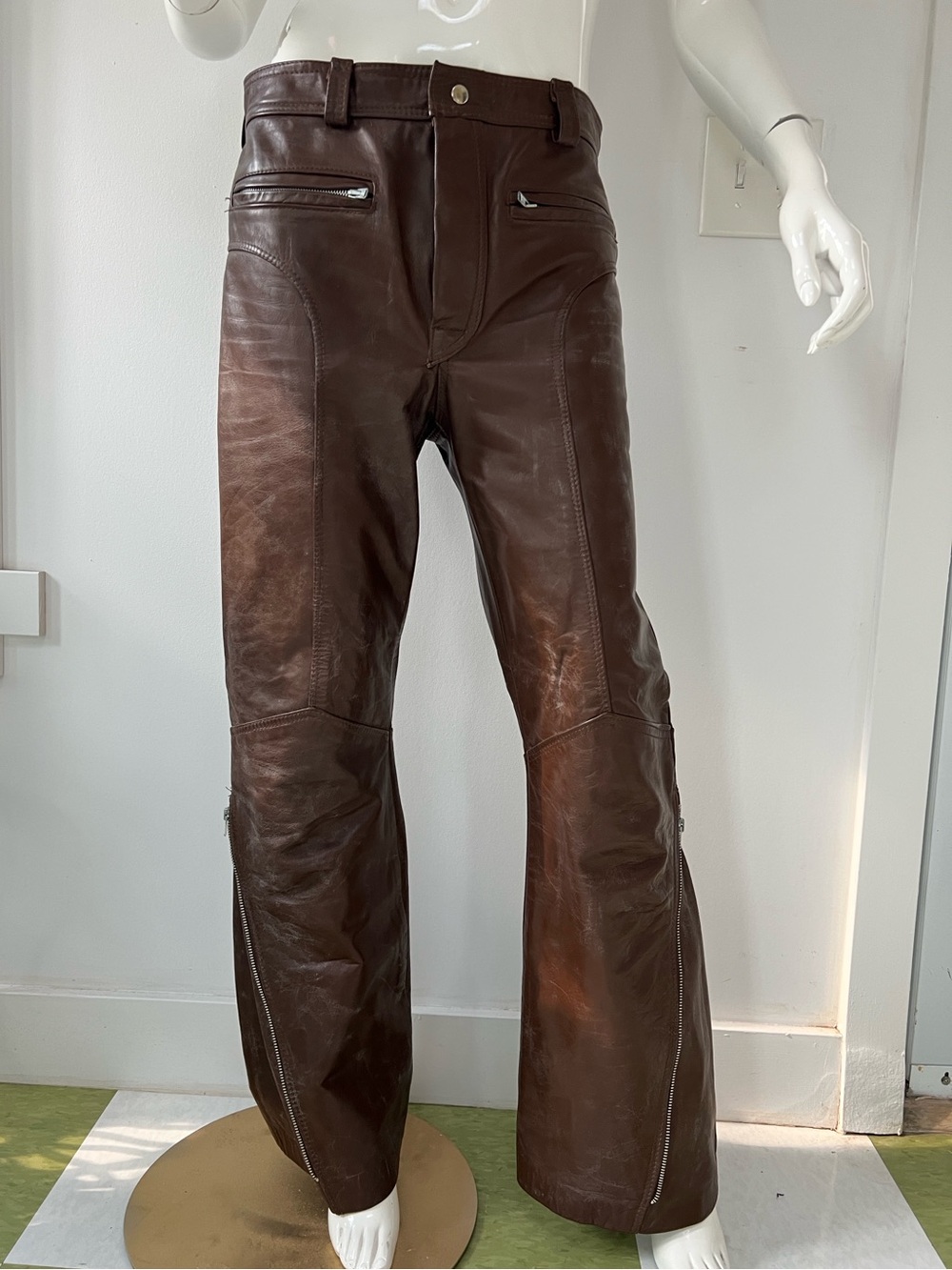 Vintage Genuine Brown Leather Flare Pants ,Moto Biker Zip Hem Y2K Women’s